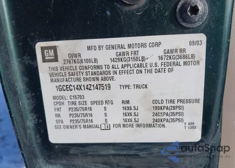 2004 Chevrolet Silverado 1500 Work Truck from USA, damaged, VIN 1GCEC14X14Z147519